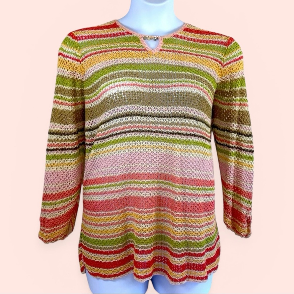 Talbots Women’s 2X Green/Coral/Taupe Striped Knit Silk Blend Open Weave Sweater